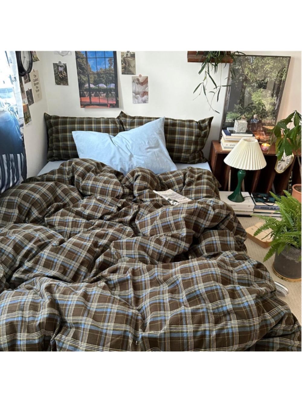 Vintage look Plaid Duvet Set Queen Brown and Blue